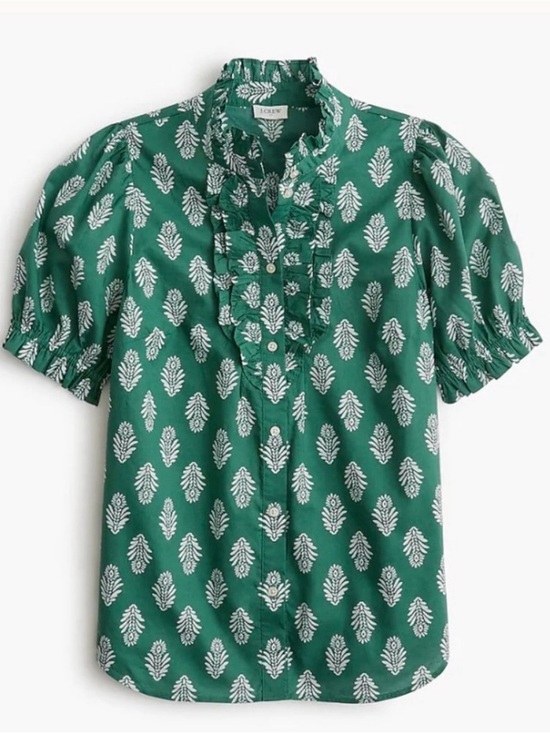 J. Crew Tops - J Crew Green Printed Ruffle Front Blouse, size M